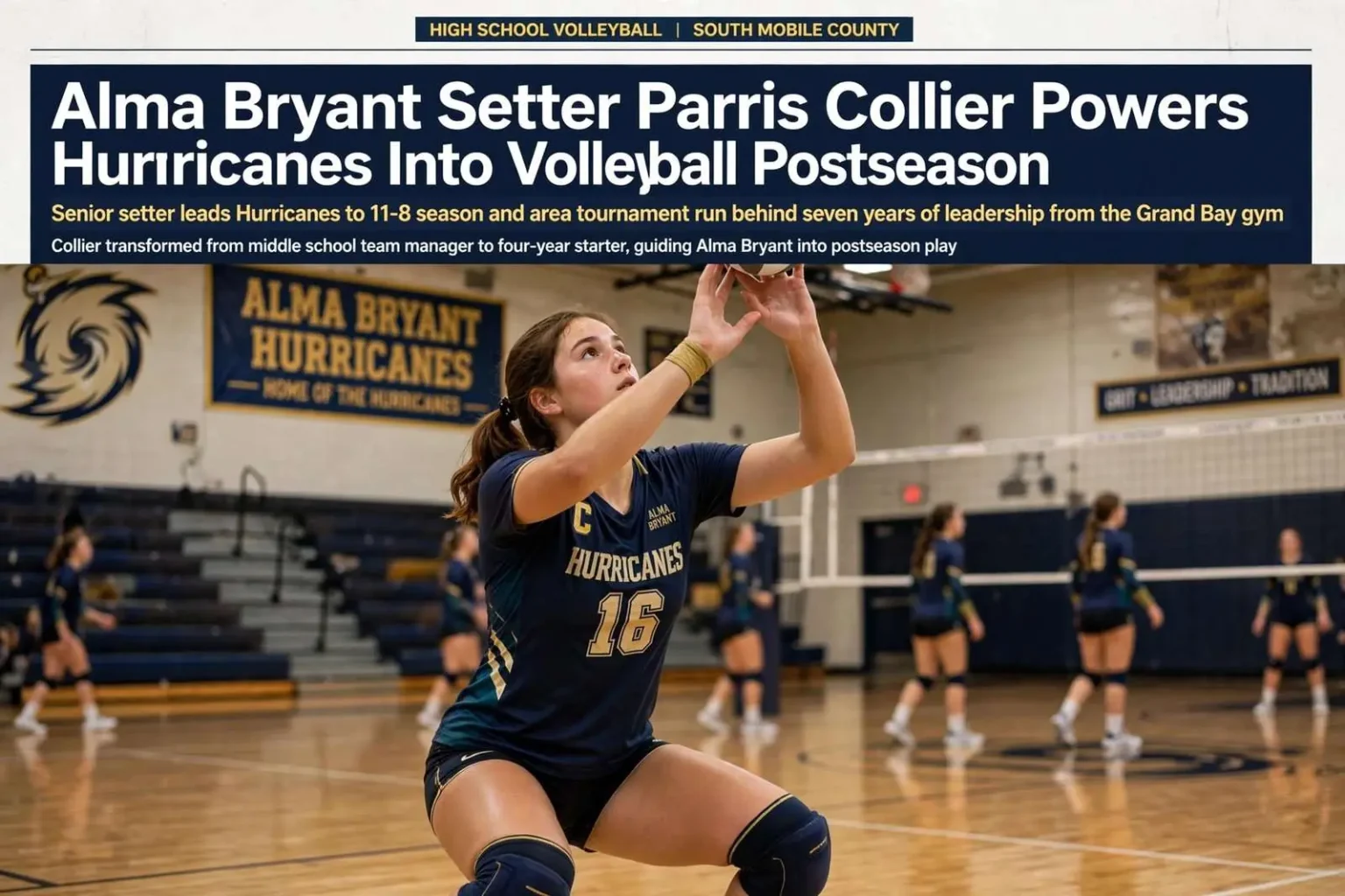Illustration for the news story: Alma Bryant Setter Parris Collier Powers Hurricanes Into Volleyball Postseason