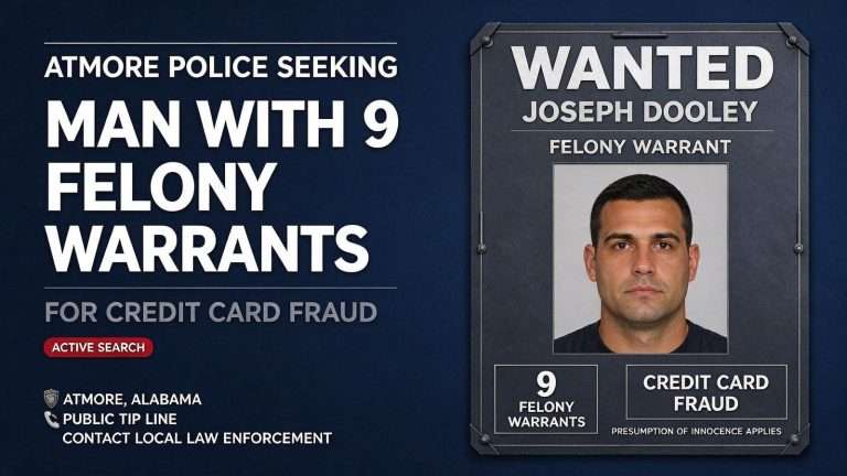 Illustration for the news story: Atmore police seeking man with 9 felony warrants for credit card fraud