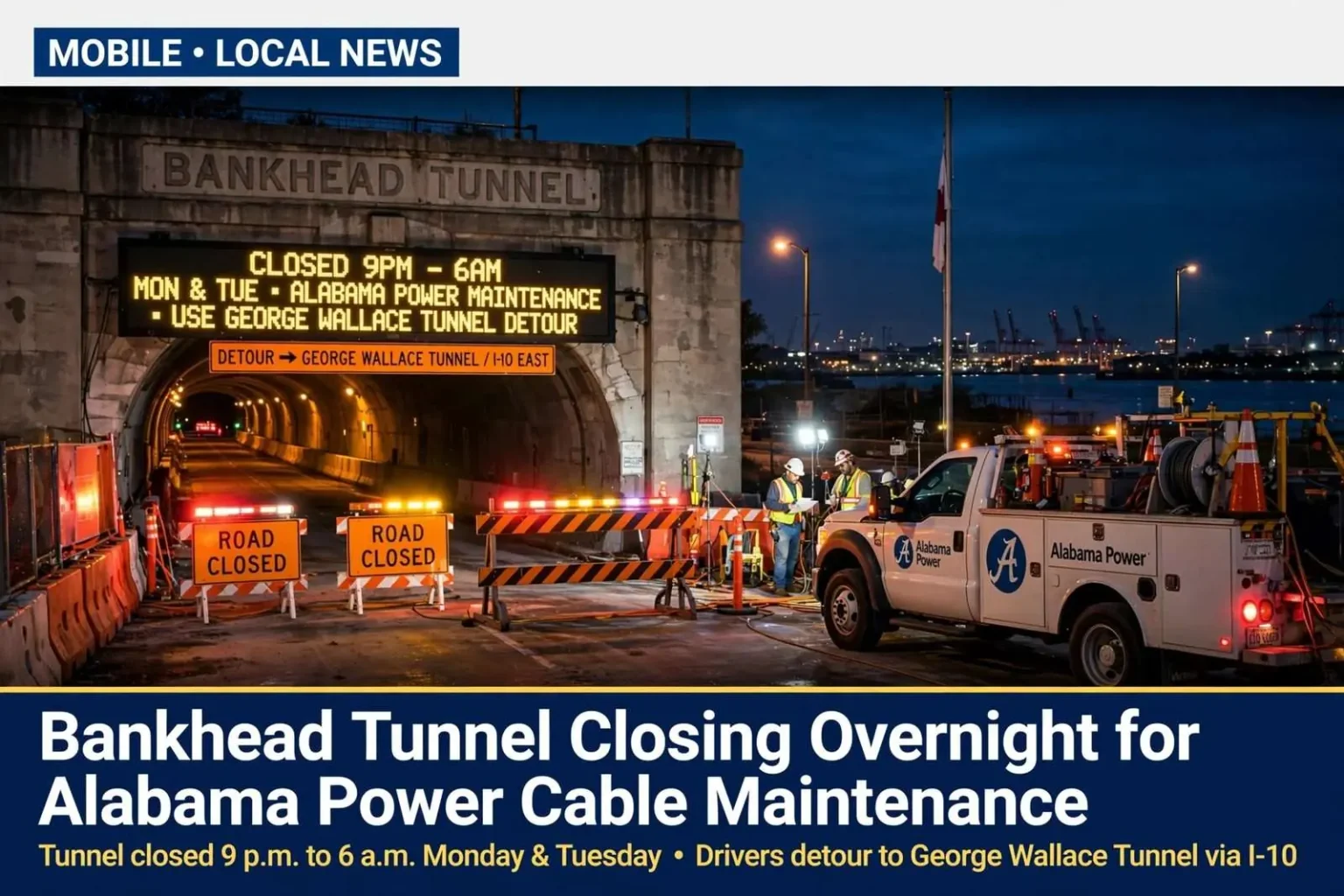 Illustration for the news story: Bankhead Tunnel Closing Overnight for Alabama Power Cable Maintenance