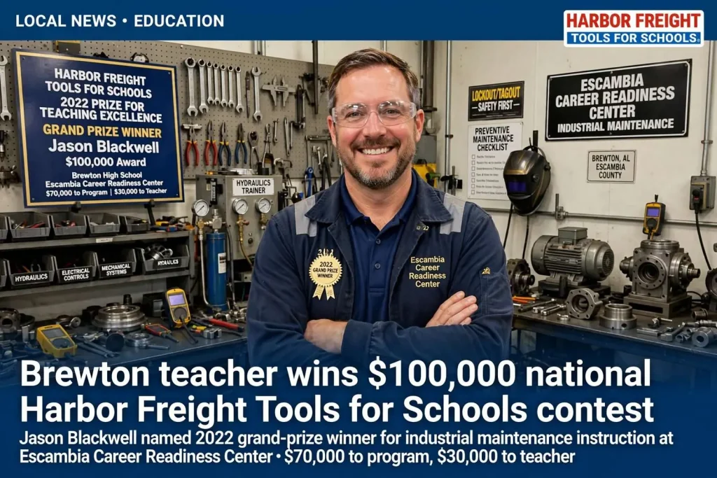 Illustration for the news story: Brewton teacher wins $100,000 national Harbor Freight Tools for Schools contest