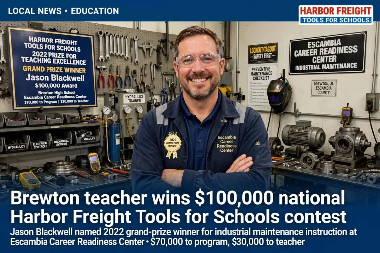 Illustration for the news story: Brewton teacher wins $100,000 national Harbor Freight Tools for Schools contest