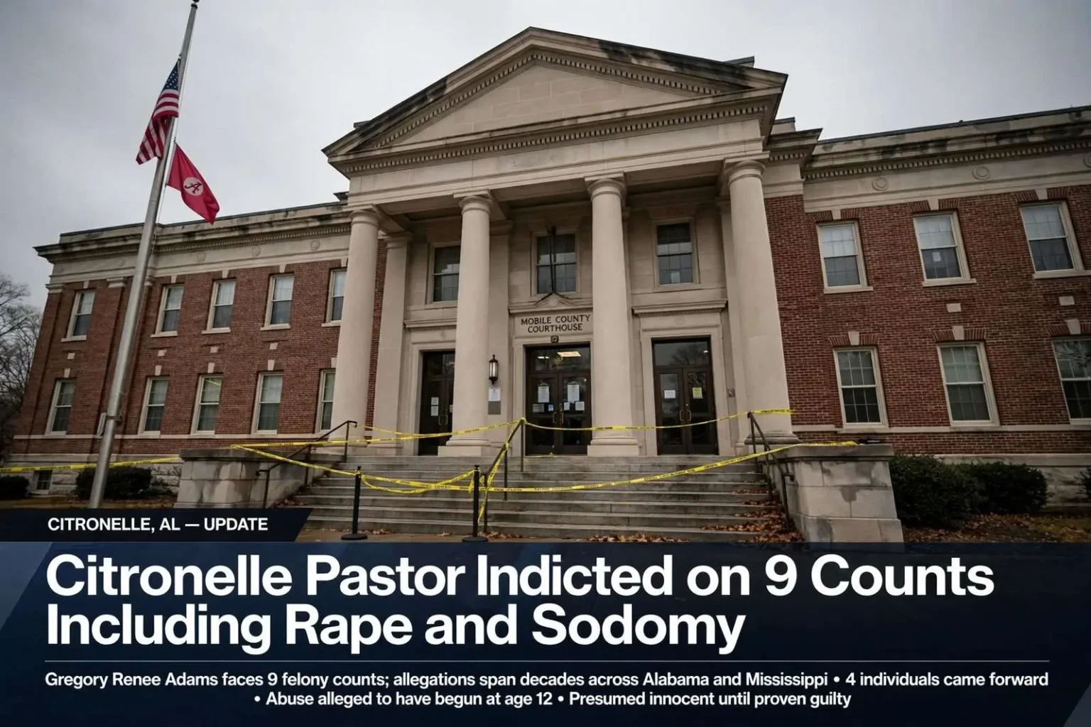 Illustration for the news story: Citronelle Pastor Indicted on 9 Counts Including Rape and Sodomy