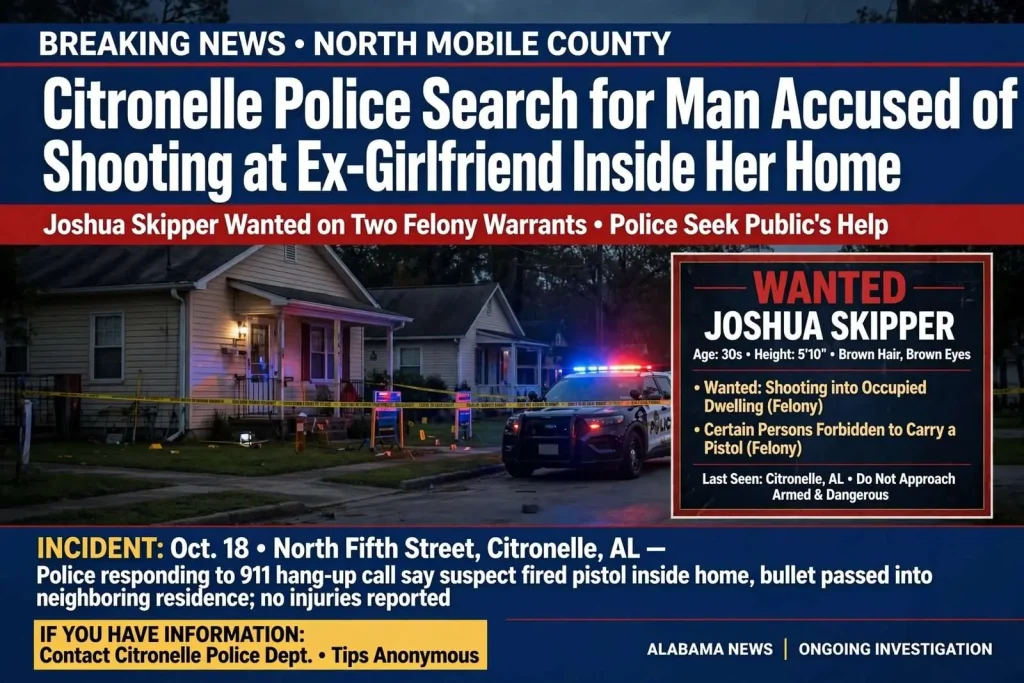 Illustration for the news story: Citronelle Police Search for Man Accused of Shooting at Ex-Girlfriend Inside Her Home
