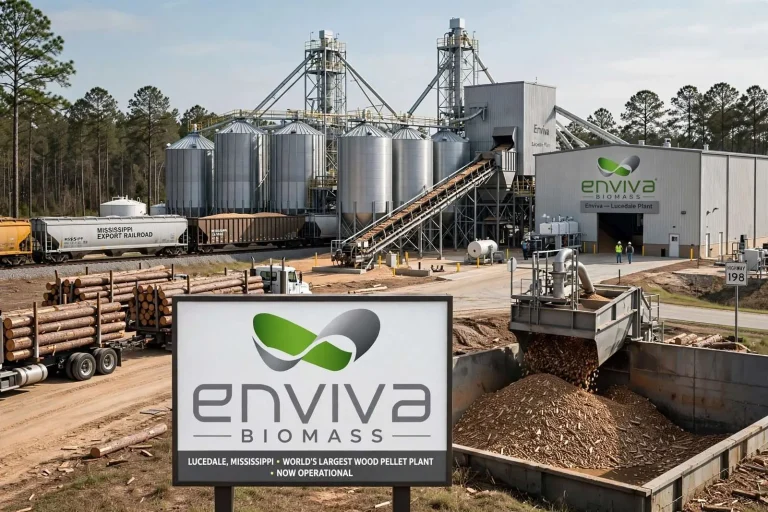 Illustration for the news story: Enviva opens world’s largest wood pellet plant in Lucedale, shipping through Pascagoula