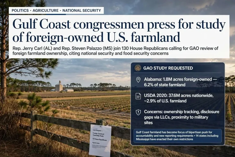 Illustration for the news story: Gulf Coast congressmen press for study of foreign-owned U.S. farmland