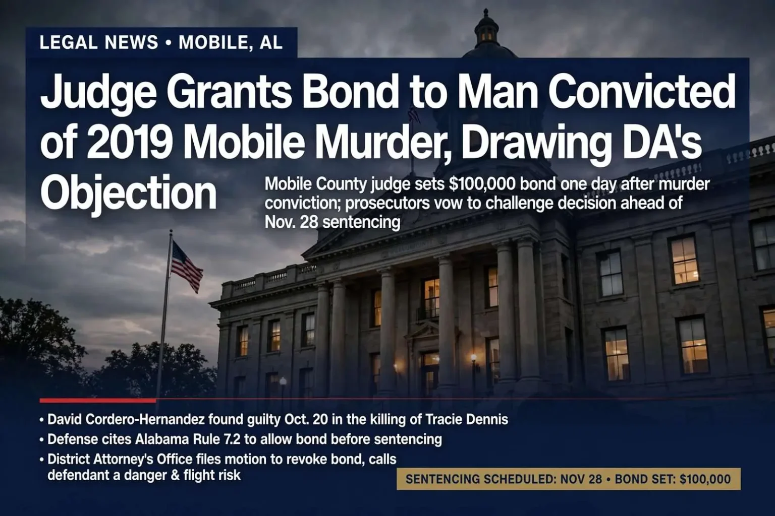 Illustration for the news story: Judge Grants Bond to Man Convicted of 2019 Mobile Murder, Drawing DA’s Objection