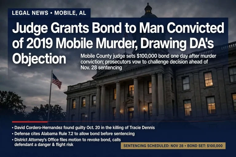 Illustration for the news story: Judge Grants Bond to Man Convicted of 2019 Mobile Murder, Drawing DA’s Objection