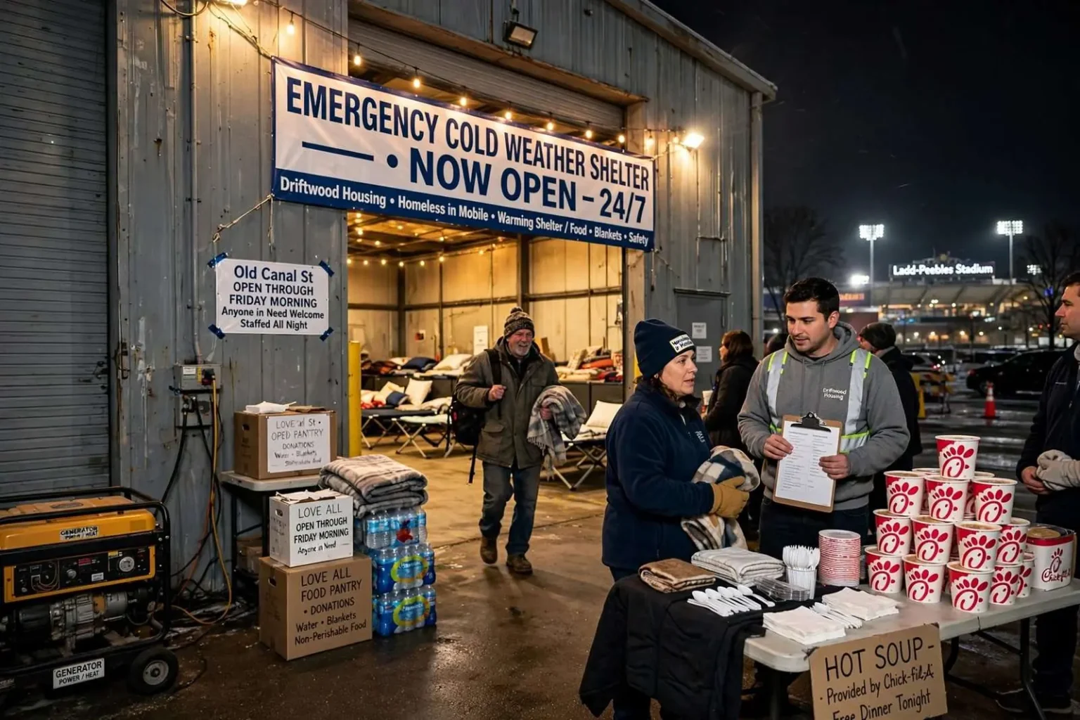 Illustration for the news story: Mobile Warehouse Opens as Emergency Cold Weather Shelter for People Experiencing Homelessness