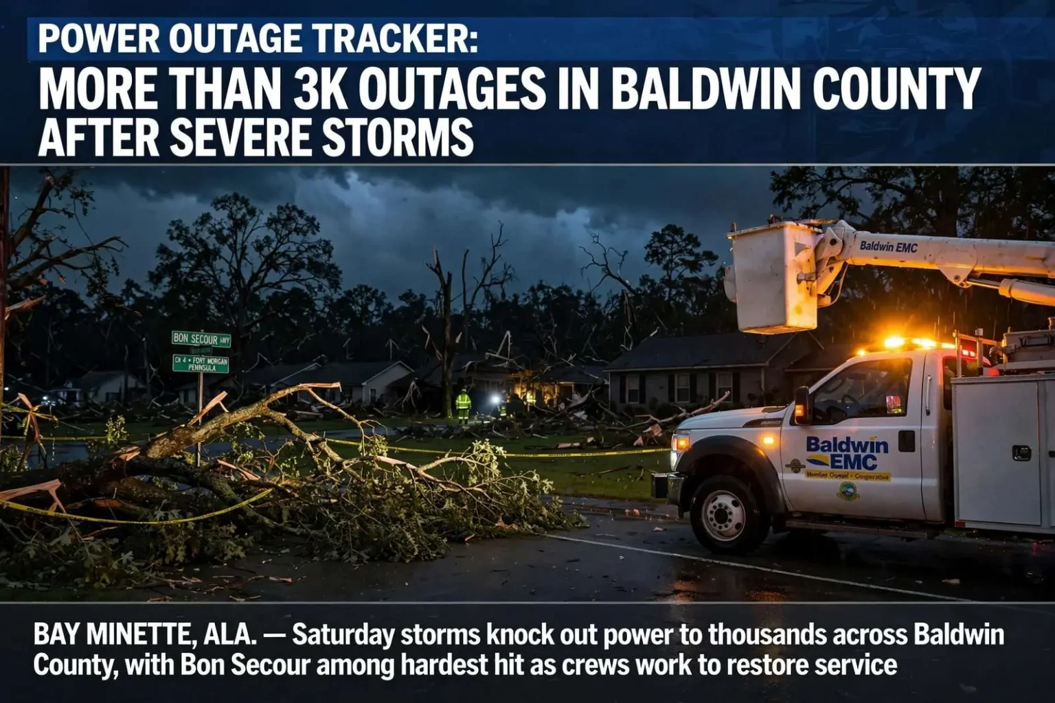 Illustration for the news story: Power outage tracker: More than 3K outages in Baldwin County after severe storms