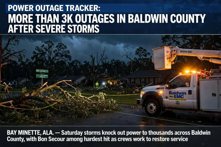 Illustration for the news story: Power outage tracker: More than 3K outages in Baldwin County after severe storms