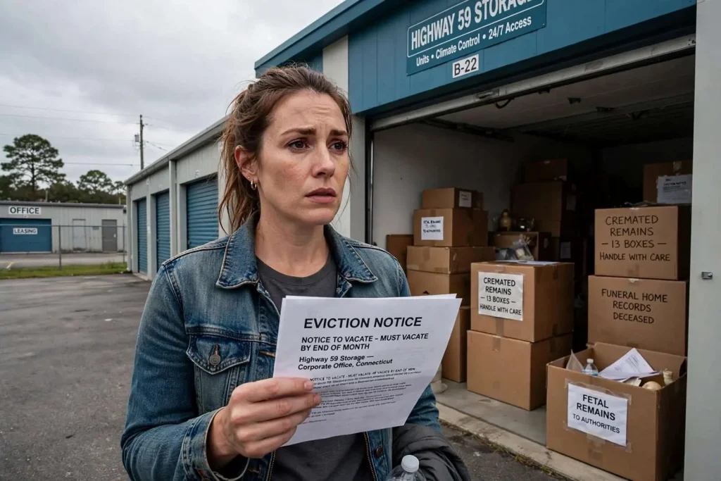 Illustration for the news story: Robertsdale Woman Who Uncovered Cremated Remains, Fetus in Storage Unit Now Facing Eviction