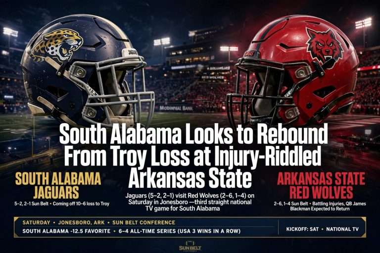Illustration for the news story: South Alabama Looks to Rebound From Troy Loss at Injury-Riddled Arkansas State