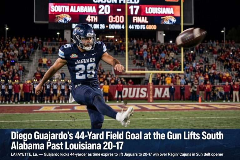 Illustration for the news story: Diego Guajardo’s 44-Yard Field Goal at the Gun Lifts South Alabama Past Louisiana 20-17