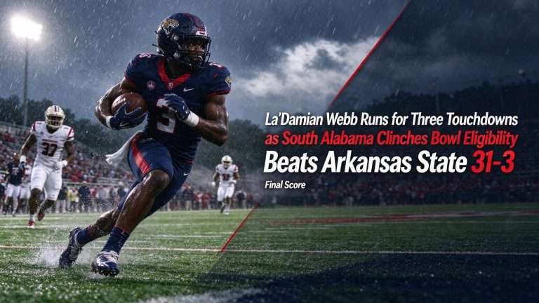 Illustration for the news story: La’Damian Webb Runs for Three Touchdowns as South Alabama Clinches Bowl Eligibility, Beats Arkansas State 31-3