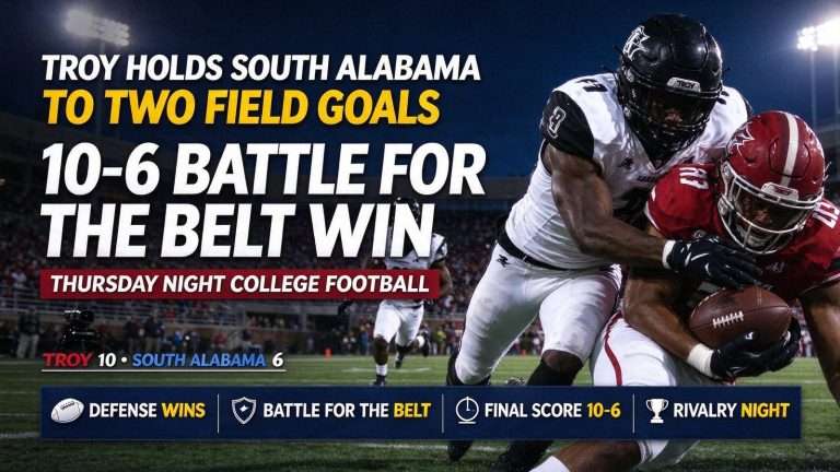 Illustration for the news story: Troy Holds South Alabama to Two Field Goals in 10-6 Battle for the Belt Win
