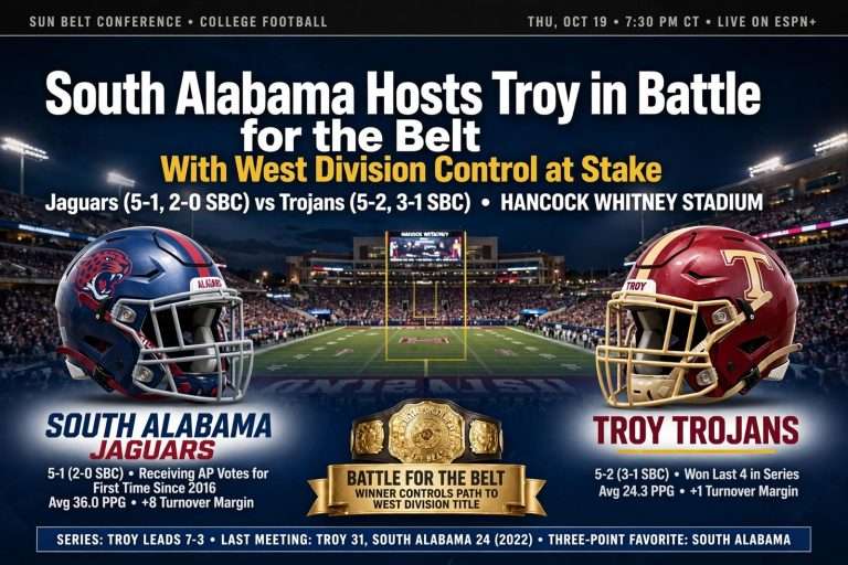 Illustration for the news story: South Alabama Hosts Troy in Battle for the Belt With West Division Control at Stake