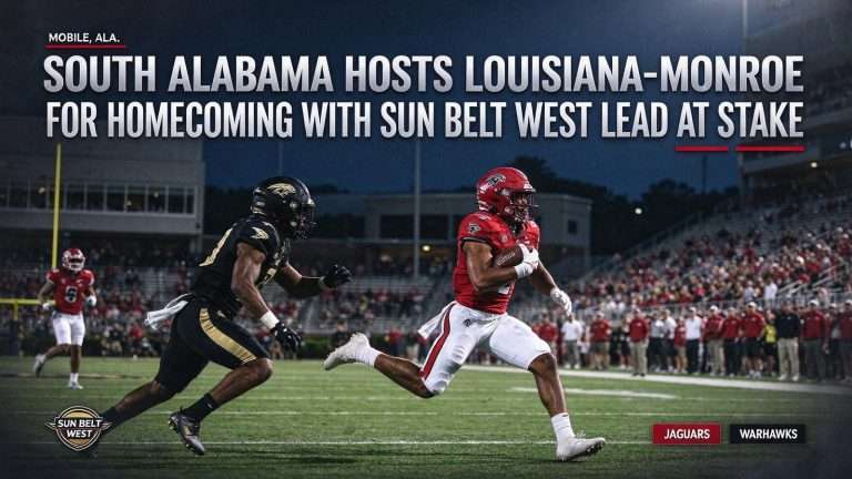 Illustration for the news story: South Alabama Hosts Louisiana-Monroe for Homecoming With Sun Belt West Lead at Stake