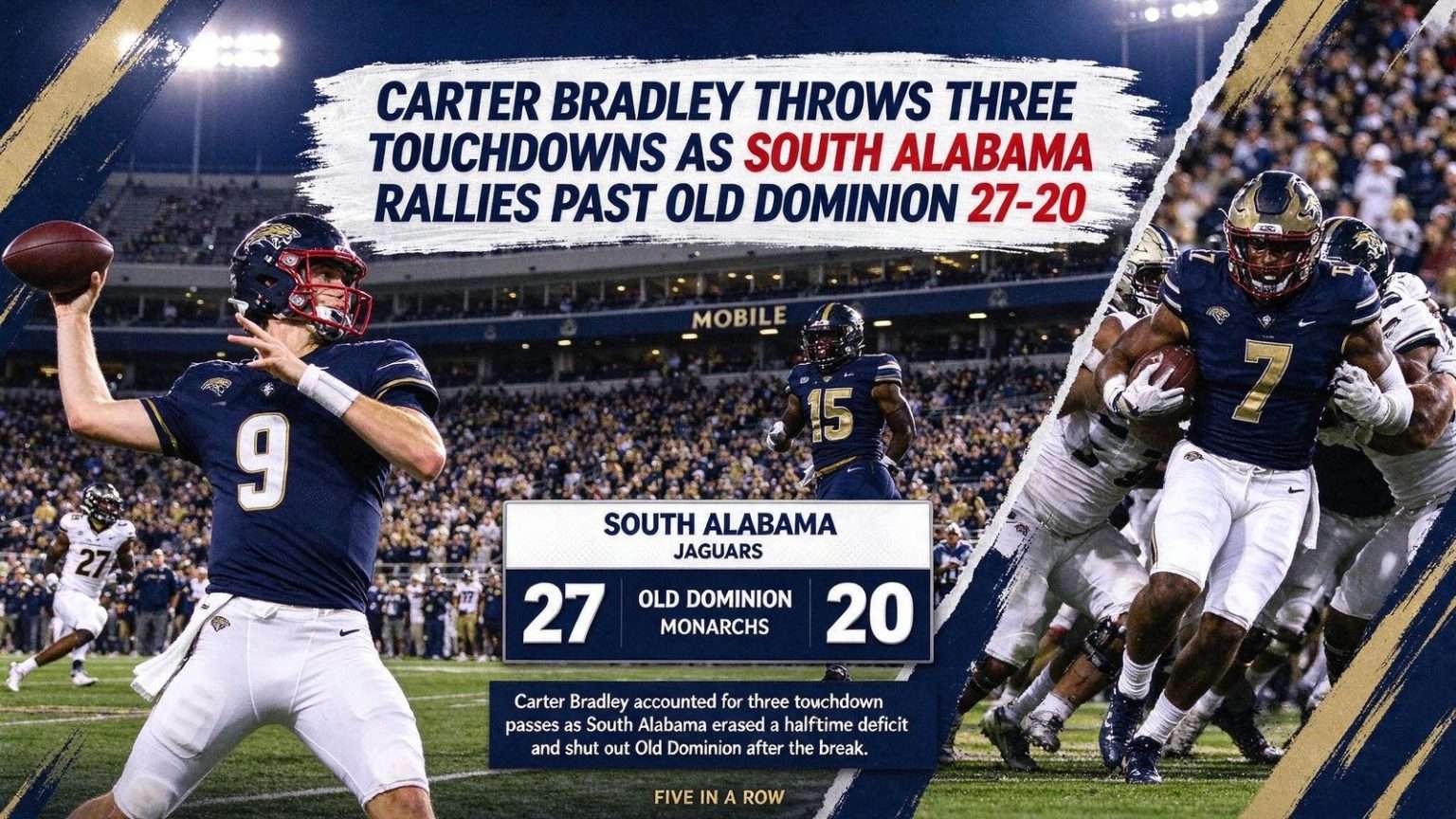 Illustration for the news story: Carter Bradley Throws Three Touchdowns as South Alabama Rallies Past Old Dominion 27-20