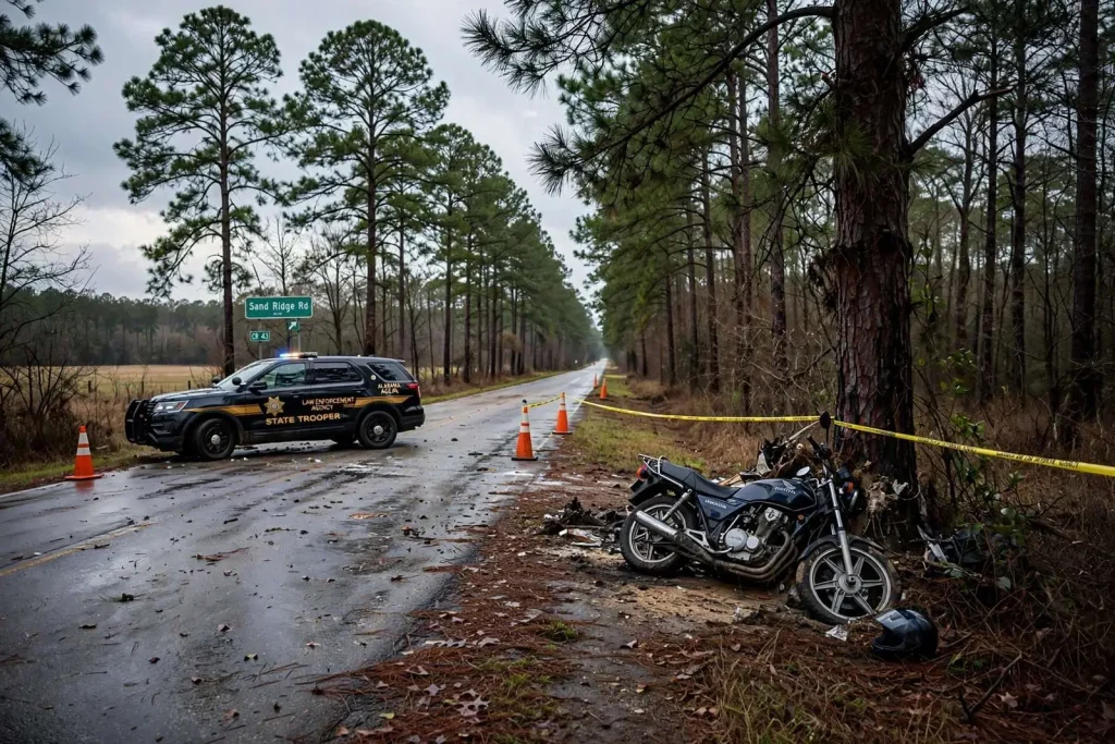 Illustration for the news story: Citronelle Man, 25, Killed When Motorcycle Strikes Tree Near Citronelle