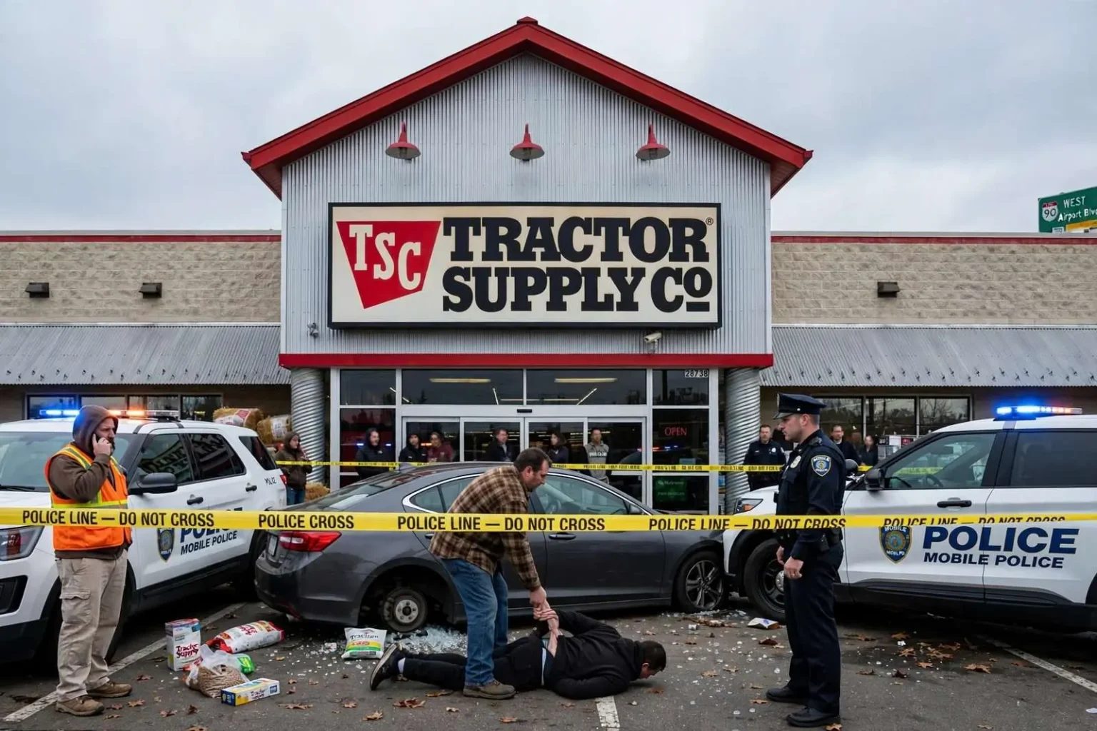 Illustration for the news story: Customers detain suspected shoplifter as shots fired outside Tillmans Corner Tractor Supply