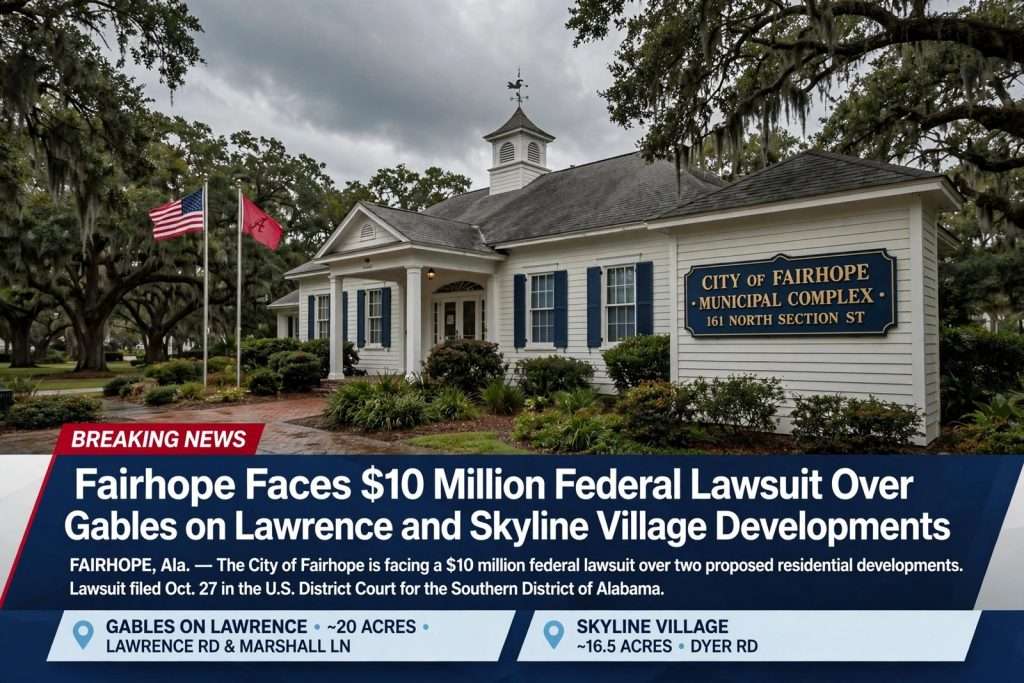 Illustration for the news story: Fairhope Faces $10 Million Federal Lawsuit Over Gables on Lawrence and Skyline Village Developments