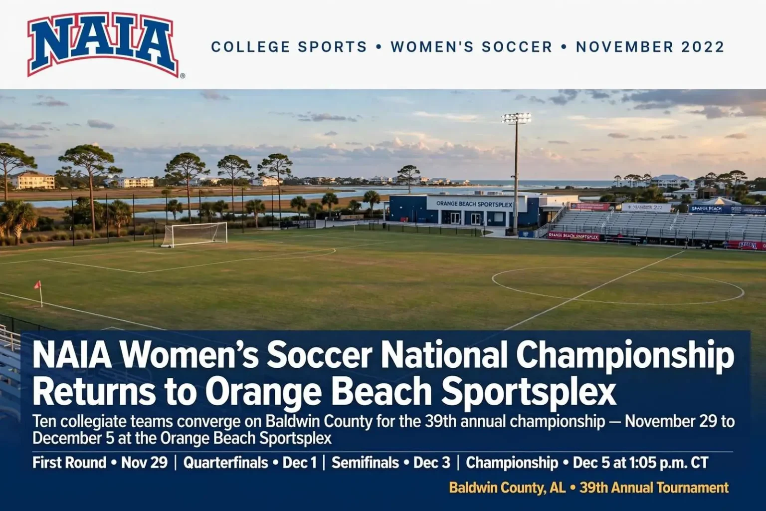 Illustration for the news story: NAIA Women’s Soccer National Championship Returns to Orange Beach Sportsplex