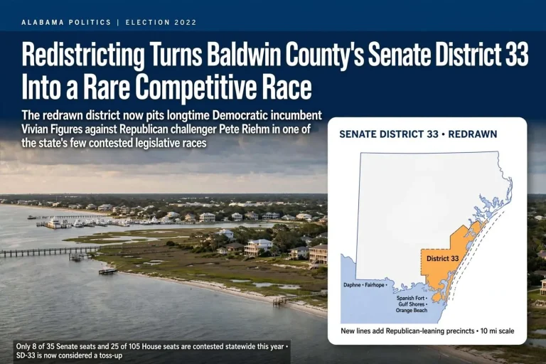 Illustration for the news story: Redistricting Turns Baldwin County’s Senate District 33 Into a Rare Competitive Race