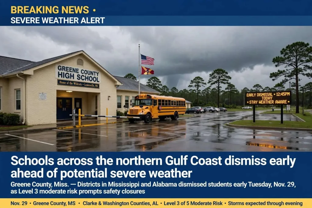 Illustration for the news story: Schools across the northern Gulf Coast dismiss early ahead of potential severe weather