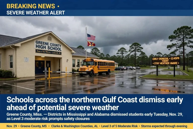 Illustration for the news story: Schools across the northern Gulf Coast dismiss early ahead of potential severe weather