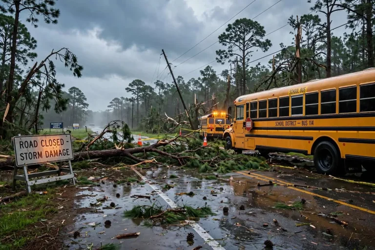 Illustration for the news story: Severe Weather Prompts School Delays and Cancellations Across Gulf Coast