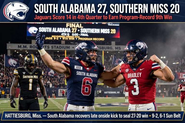 Illustration for the news story: South Alabama Scores Twice in Fourth Quarter, Beats Southern Miss 27-20 for Ninth Win