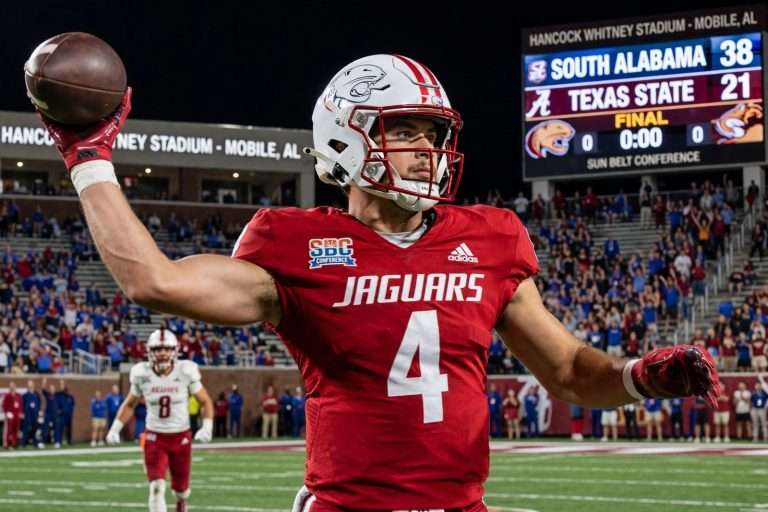 Illustration for the news story: Bradley Throws Four Touchdowns as South Alabama Beats Texas State 38-21