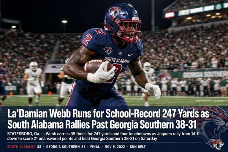 Illustration for the news story: La’Damian Webb Runs for School-Record 247 Yards as South Alabama Rallies Past Georgia Southern 38-31