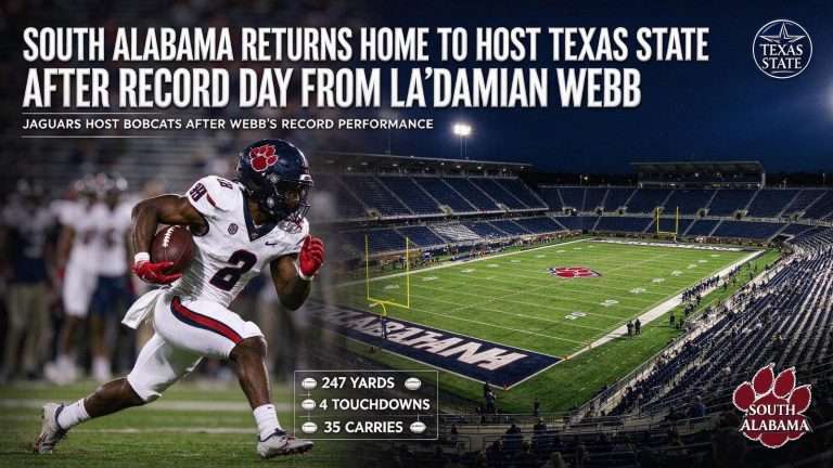 Illustration for the news story: South Alabama Returns Home to Host Texas State After Record Day From La’Damian Webb