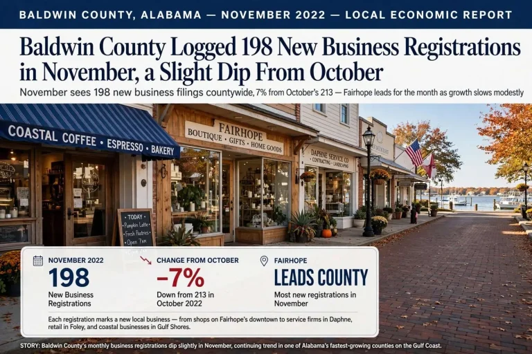Illustration for the news story: Baldwin County Logged 198 New Business Registrations in November, a Slight Dip From October