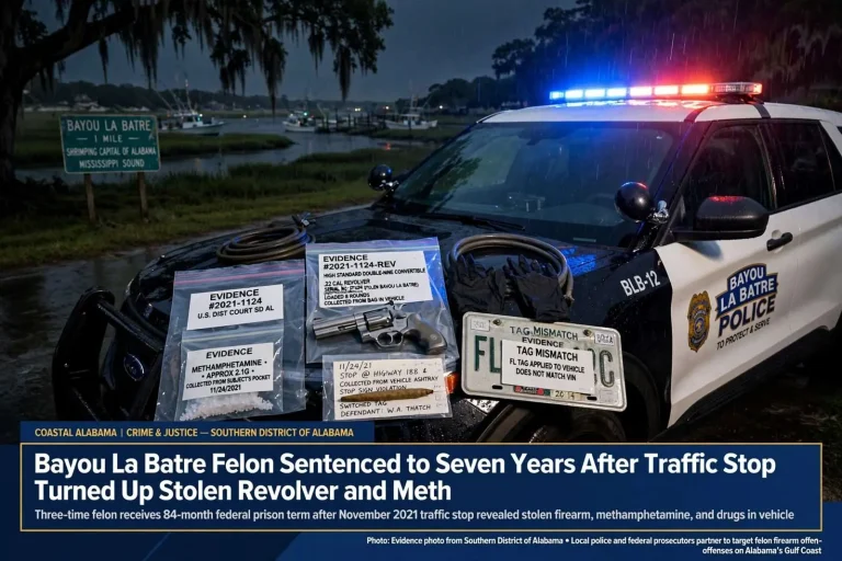 Illustration for the news story: Bayou La Batre Felon Sentenced to Seven Years After Traffic Stop Turned Up Stolen Revolver and Meth