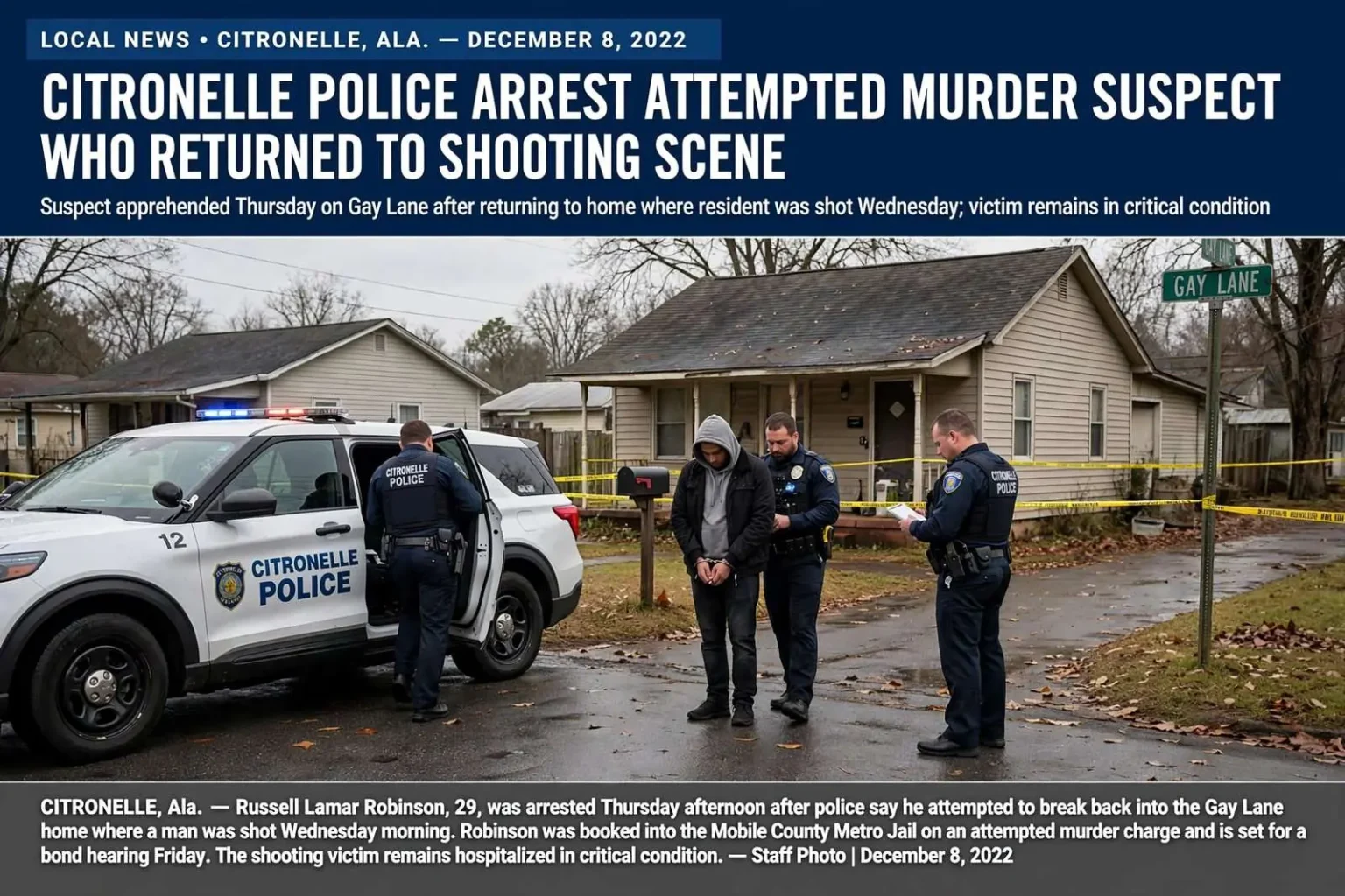 Illustration for the news story: Citronelle police arrest attempted murder suspect who returned to shooting scene