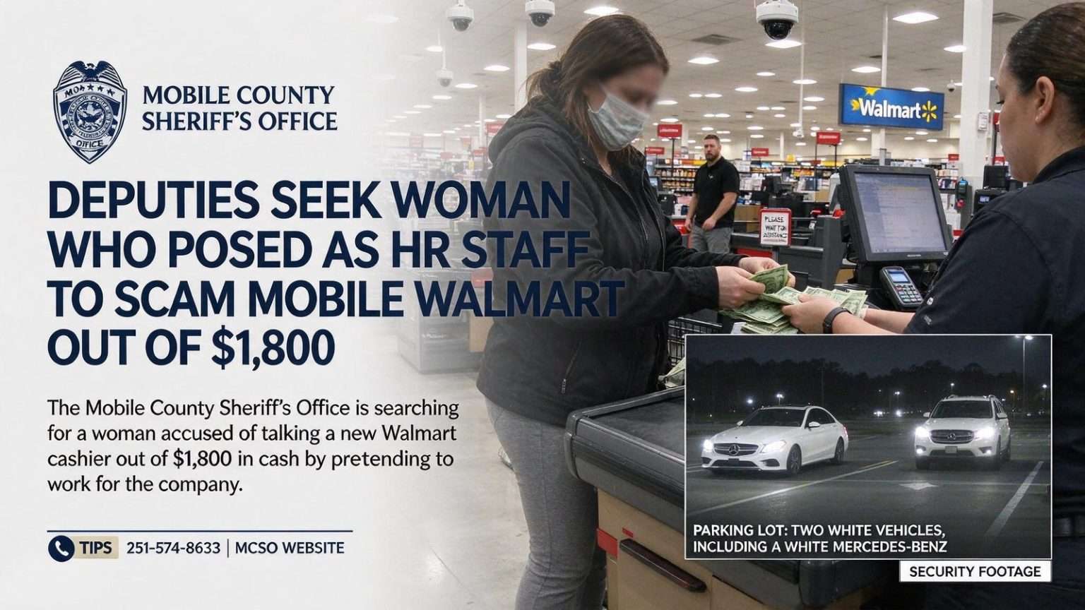 Illustration for the news story: Deputies Seek Woman Who Posed as HR Staff to Scam Mobile Walmart Out of $1,800
