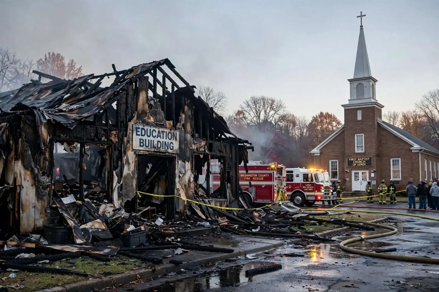 Illustration for the news story: Early Morning Fire Guts Education Building at First Baptist Church of Leroy