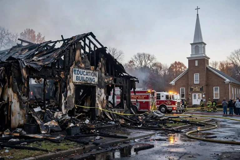 Illustration for the news story: Early Morning Fire Guts Education Building at First Baptist Church of Leroy