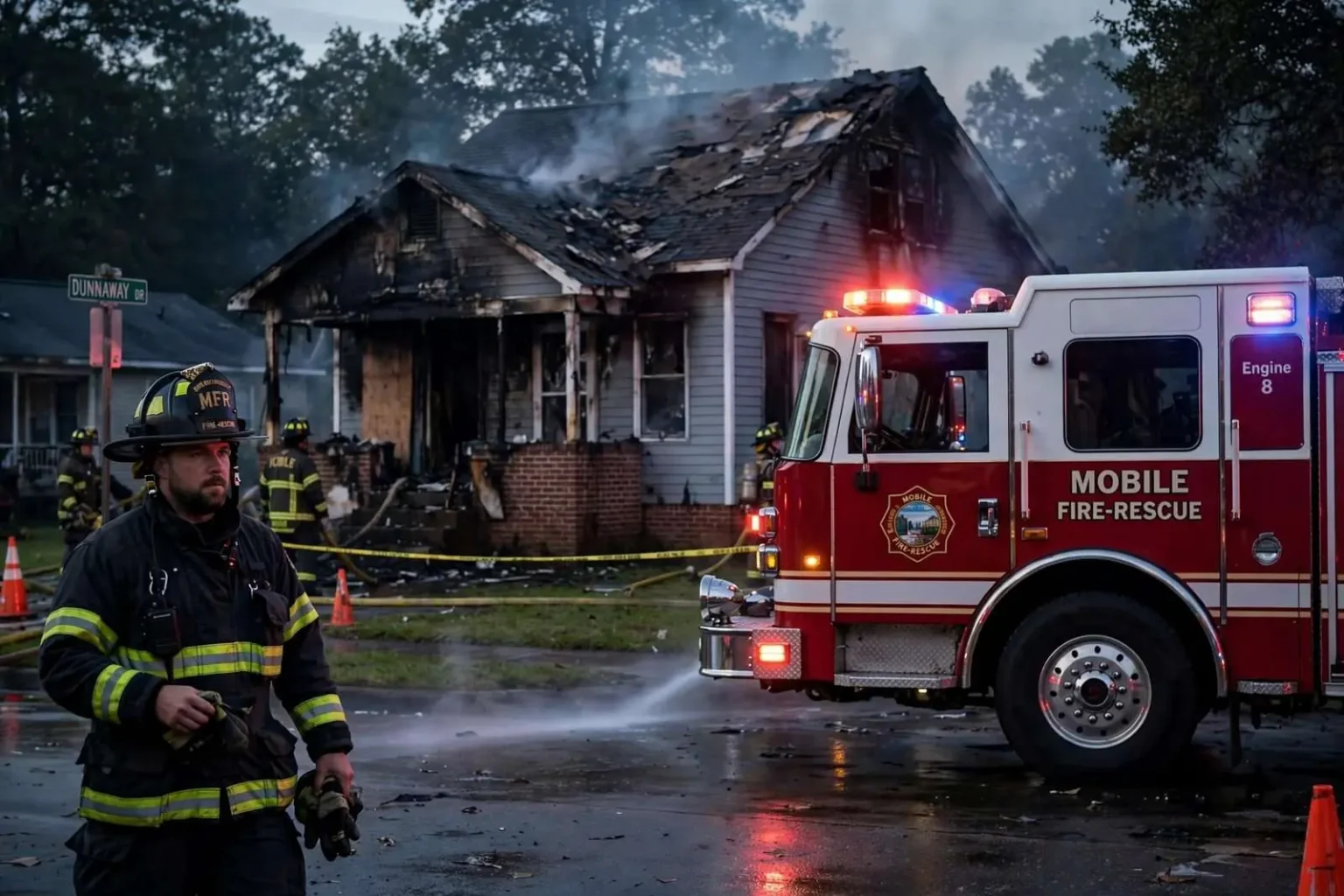 Illustration for the news story: Early morning house fire on Dunnaway Drive displaces Mobile family