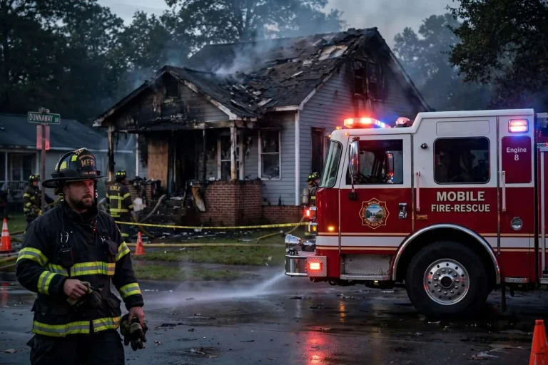 Illustration for the news story: Early morning house fire on Dunnaway Drive displaces Mobile family