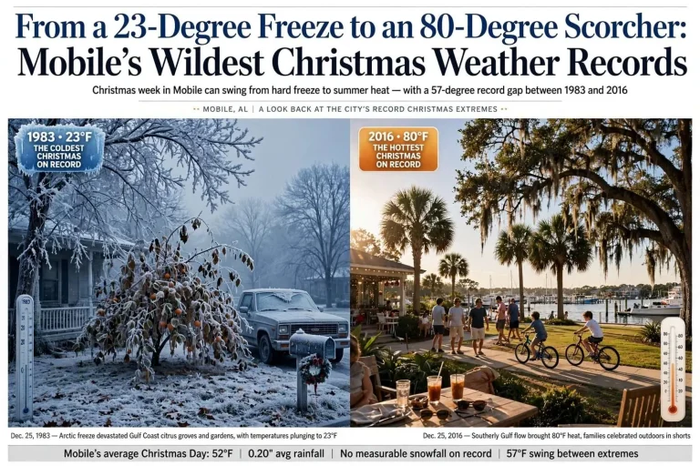 Illustration for the news story: From a 23-Degree Freeze to an 80-Degree Scorcher: Mobile’s Wildest Christmas Weather Records