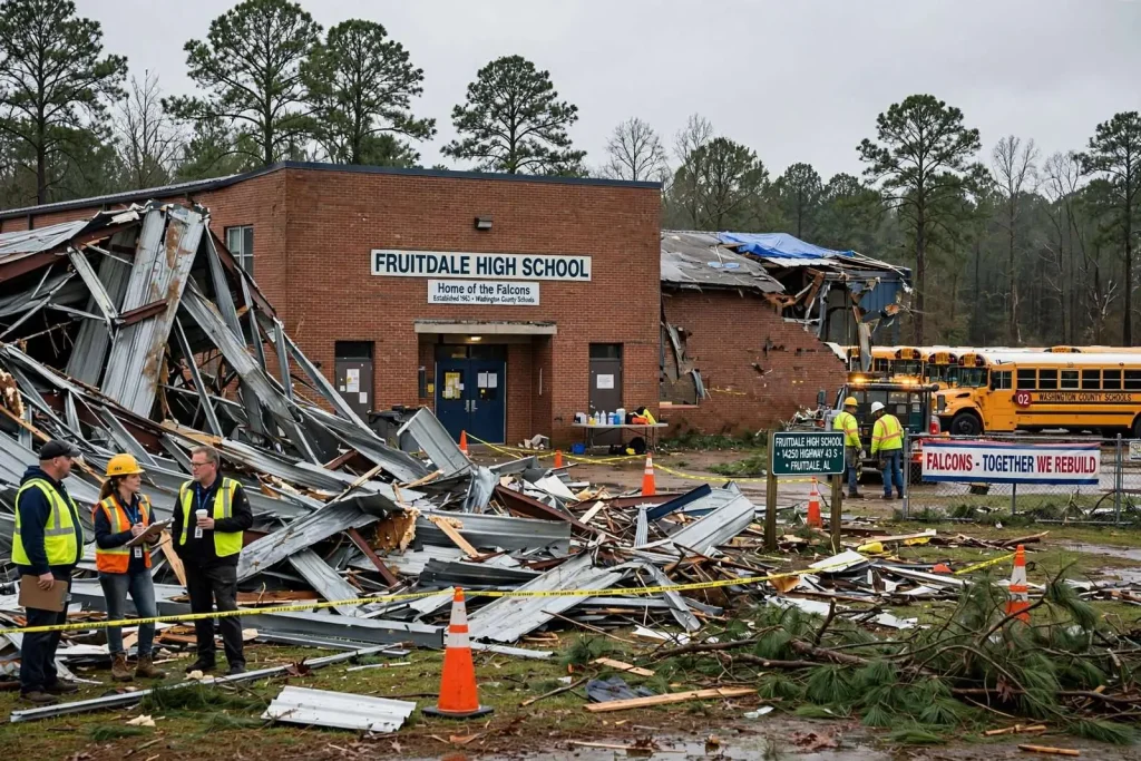 Illustration for the news story: Fruitdale High School employees return Monday as tornado recovery continues