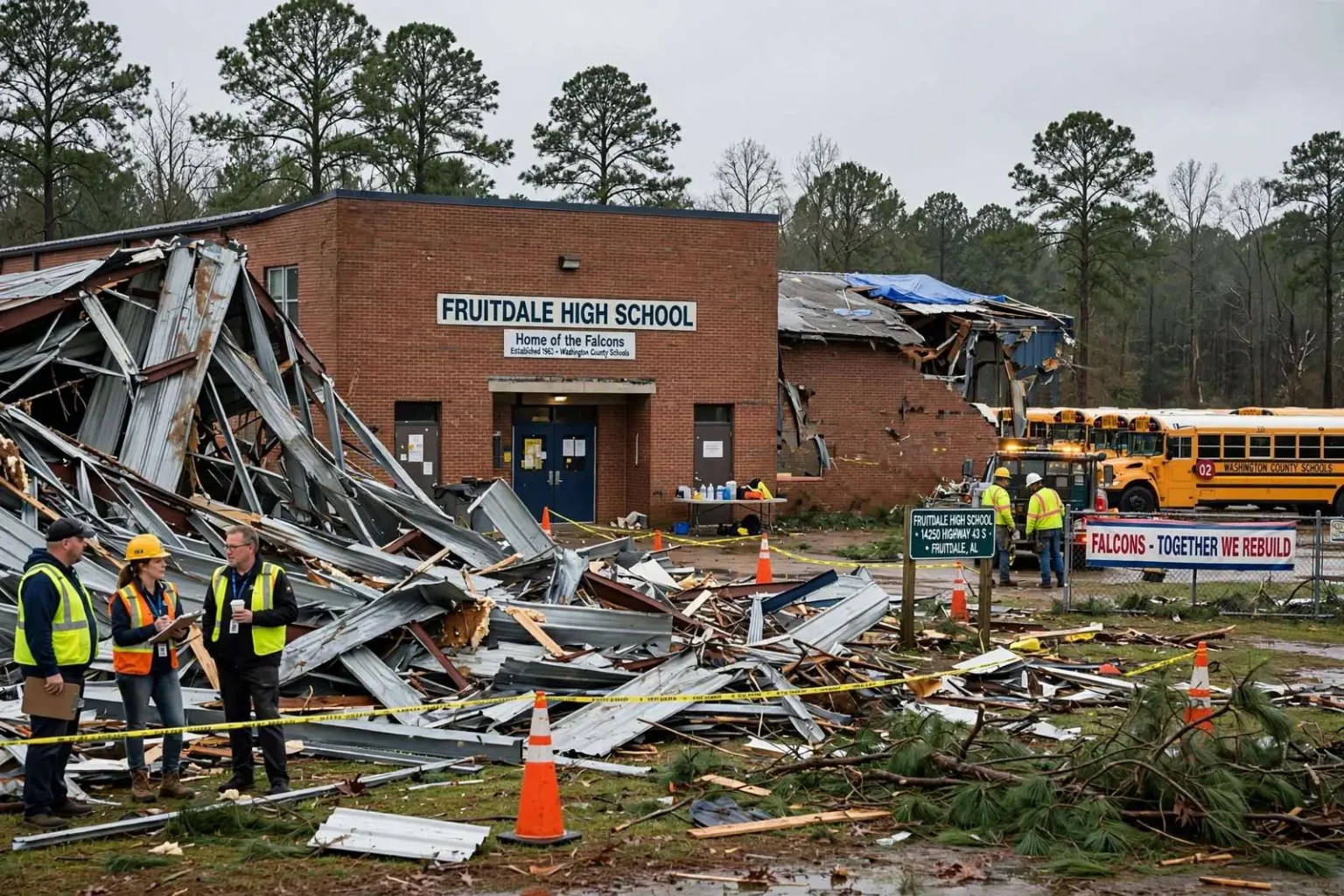Illustration for the news story: Fruitdale High School employees return Monday as tornado recovery continues