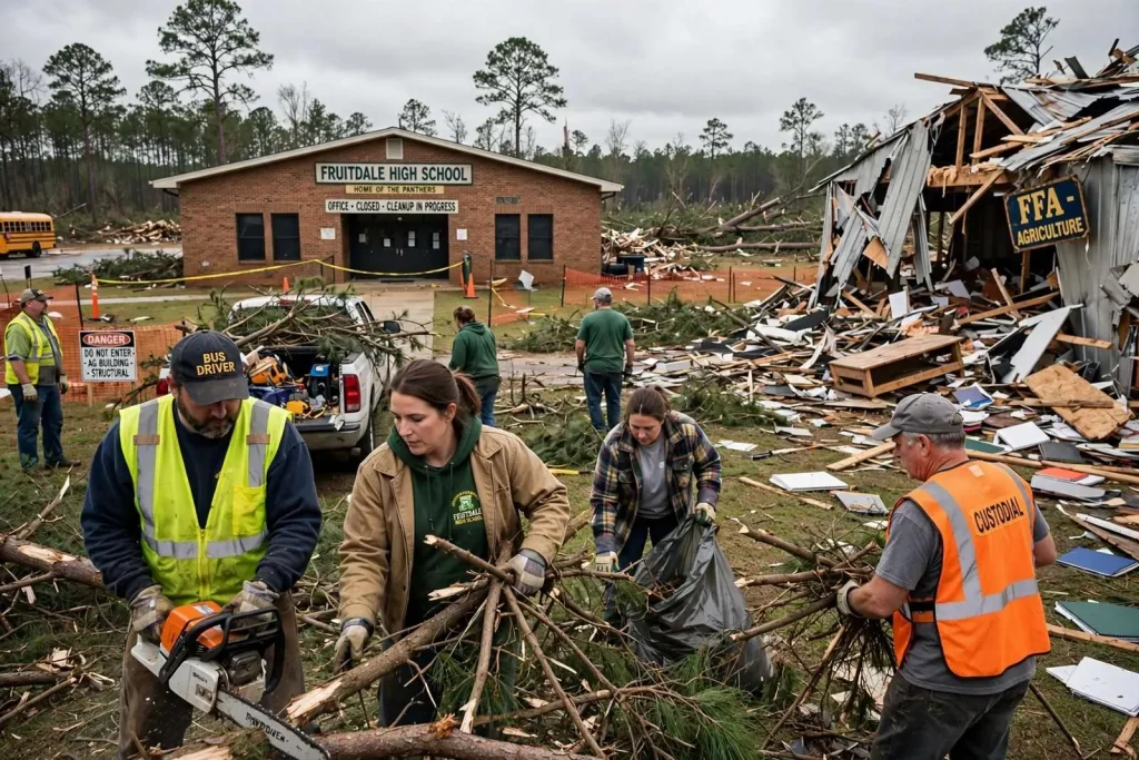 Illustration for the news story: Fruitdale High School remains closed as tornado cleanup continues