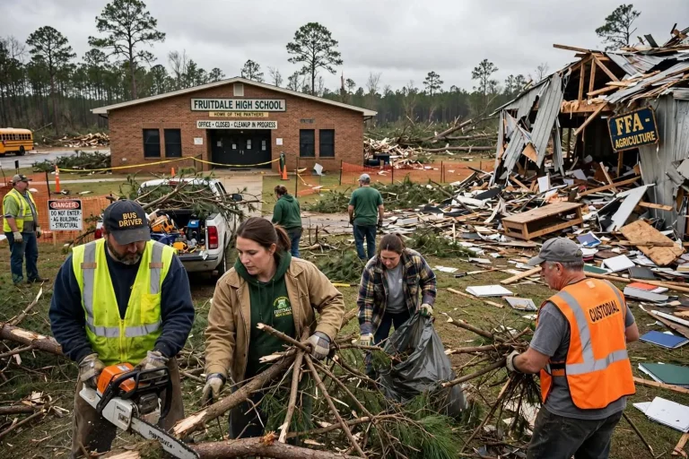 Illustration for the news story: Fruitdale High School remains closed as tornado cleanup continues