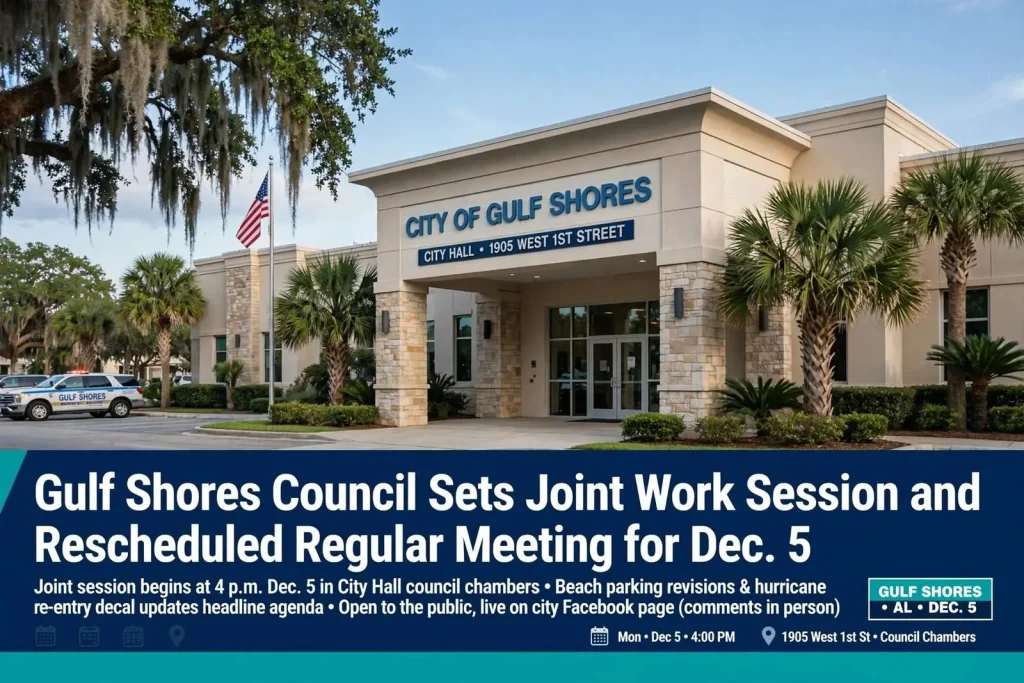 Illustration for the news story: Gulf Shores Council Sets Joint Work Session and Rescheduled Regular Meeting for Dec. 5