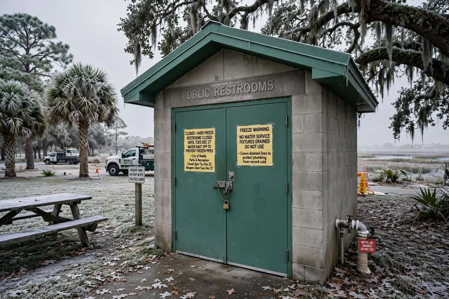 Illustration for the news story: Hard Freeze Forces Gulf Coast Cities to Close Park Restrooms Ahead of Record Cold