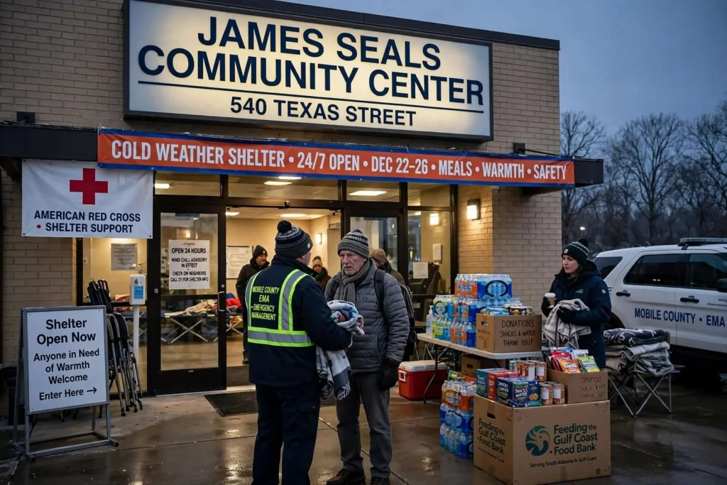 Illustration for the news story: Mobile Opens Round-the-Clock Shelter as Arctic Blast Sends Gulf Coast Into the Teens